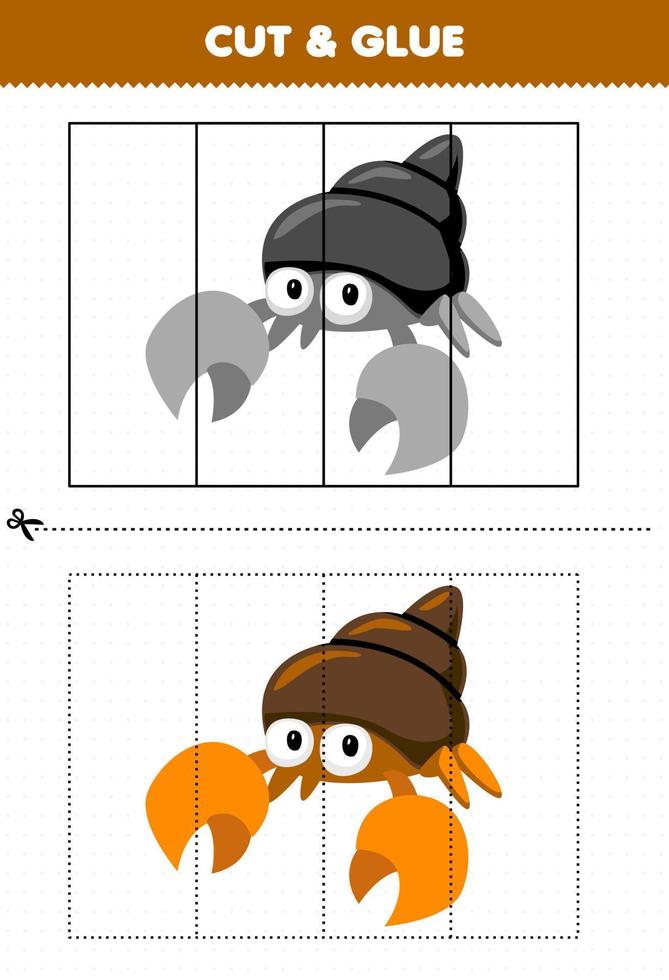 Education game for children cut and glue with cute cartoon hermit crab printable underwater worksheet vector