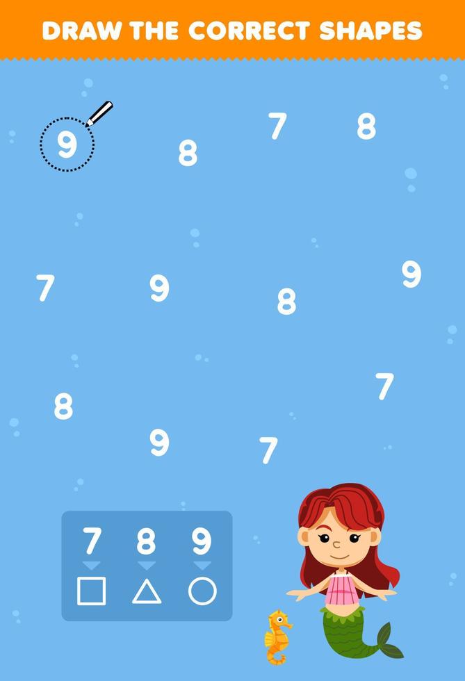 Education game for children help cute cartoon mermaid draw the correct shapes according to the number printable underwater worksheet vector