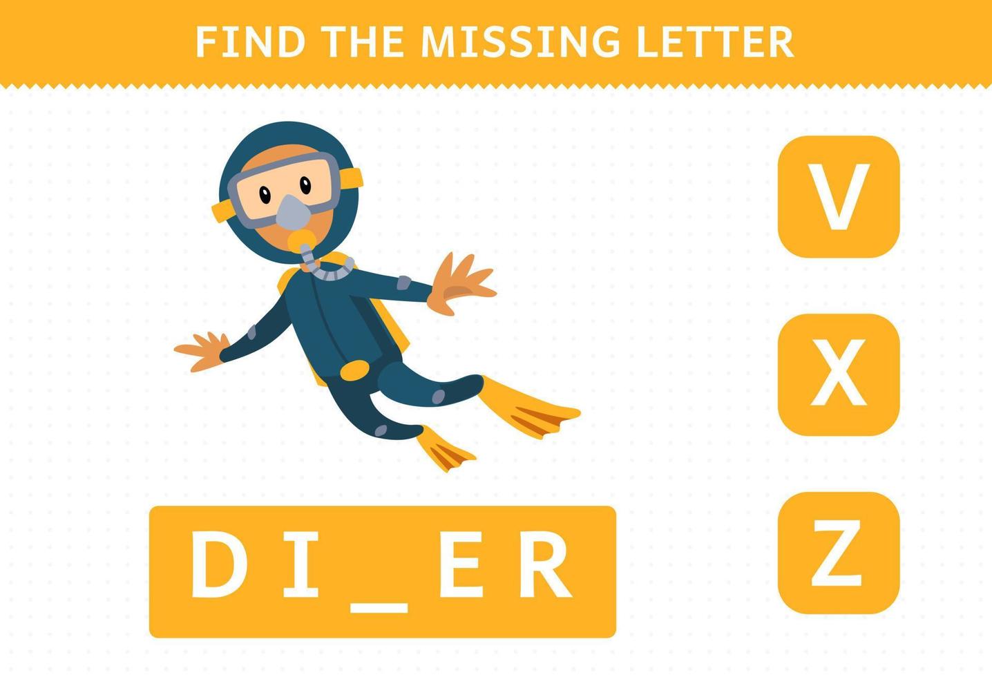 Education game for children find the missing letter of cute cartoon diver printable underwater worksheet vector