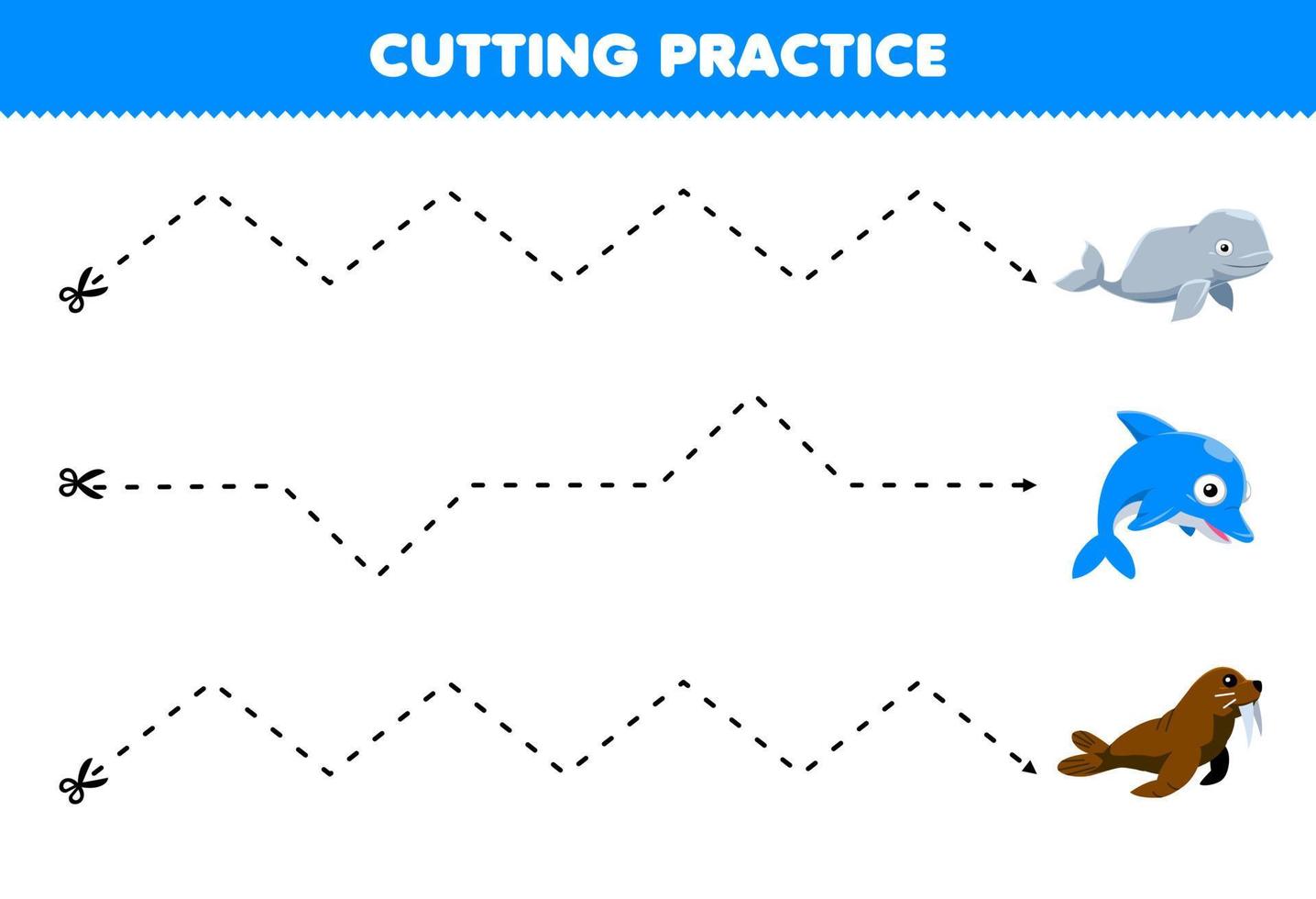 Education game for children cutting practice with cute cartoon beluga dolphin walrus picture printable underwater worksheet vector