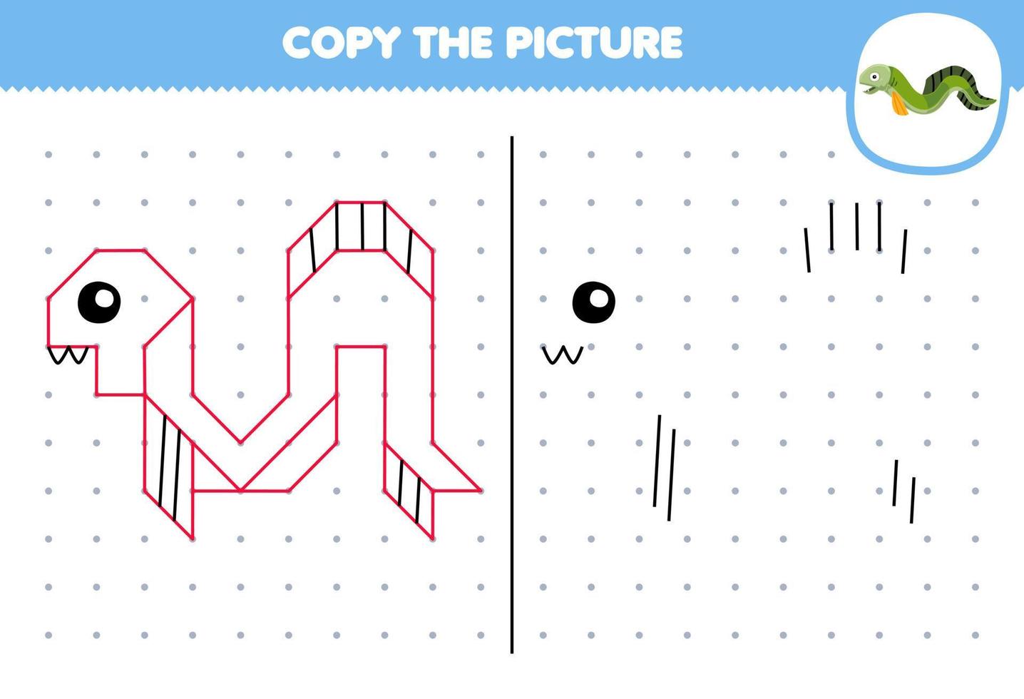 juego educativo para niños copiar imagen de anguila de dibujos animados lindo conectando la hoja de trabajo subacuática imprimible de punto vector