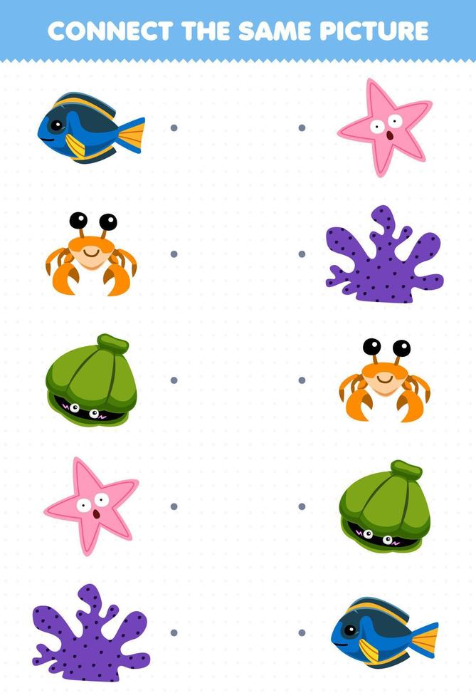 juego educativo para niños conectar la misma imagen de dibujos animados pez cangrejo concha estrella de mar coral hoja de trabajo subacuática imprimible vector