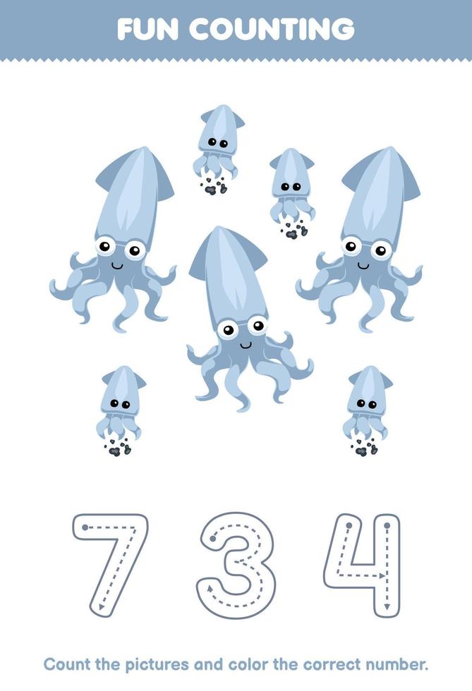 Education game for children count the pictures and color the correct number from cute cartoon squid printable underwater worksheet vector