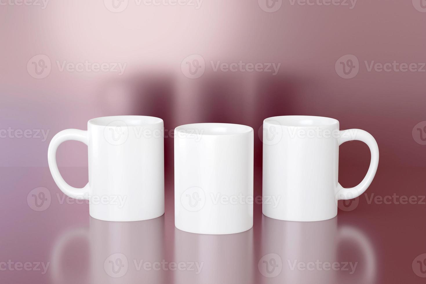 Three mug mockup template on pink glossy background. Cup reflection on product stage. 3d render scene for logo or sublimation wrap presentation photo