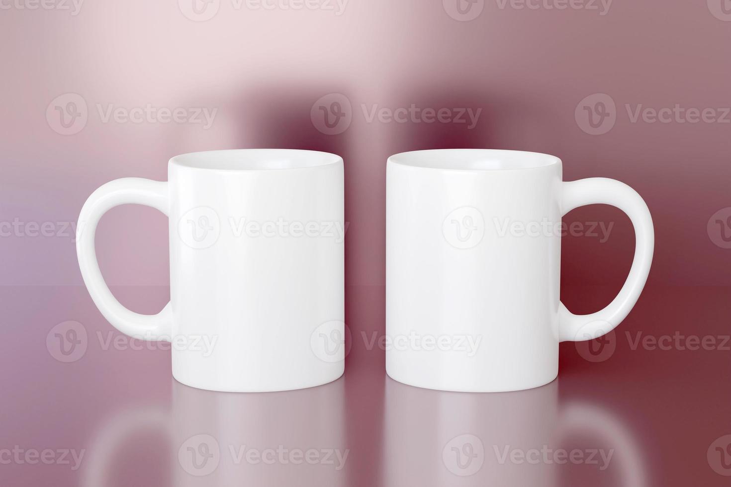 3d render escena dos tazas blancas con asa. Plantilla de maqueta de taza de 11 oz sobre fondo rosa. presentación de marca de san valentín o día de la madre foto