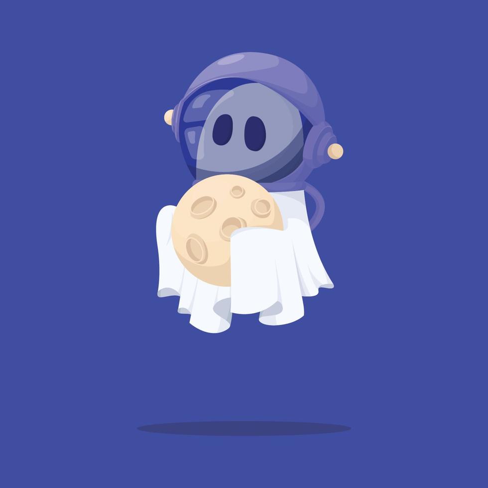 Ghost Astronaut Character Holds Full Moon Illustration vector