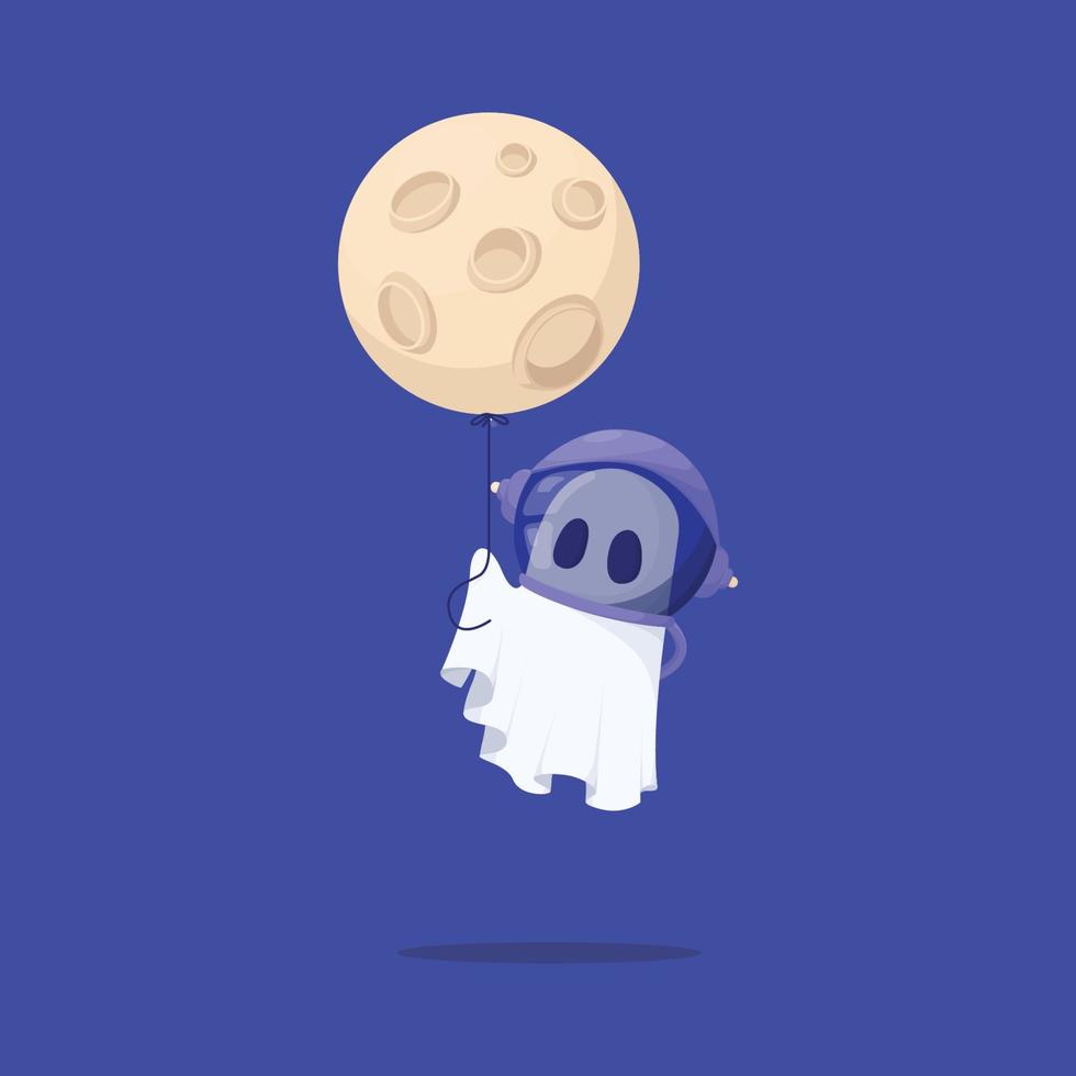 Ghost Astronaut Character Flies with Full Moon Illustration vector