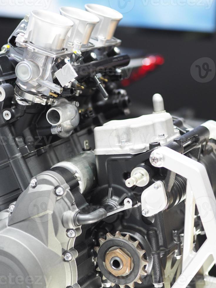 Closeup detail of new engine technology shiny and clean from factory the transportation concept photo