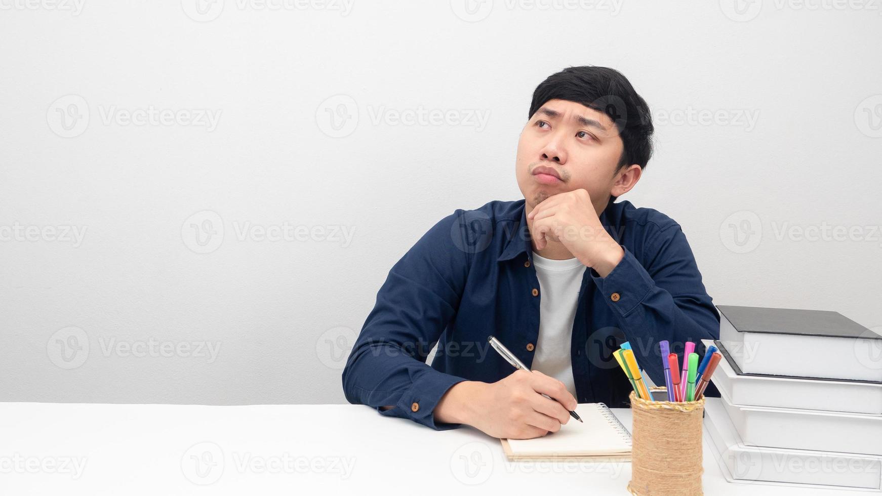 Man sitting at workplace desk gesture bored to working photo