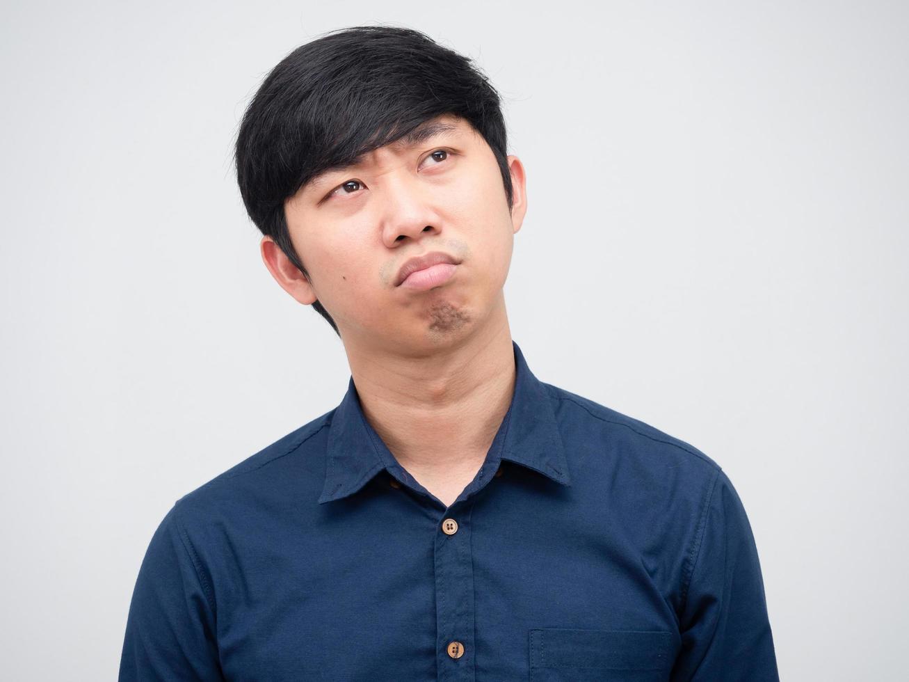 Portrait face of asian man feeling strain and worry white background photo