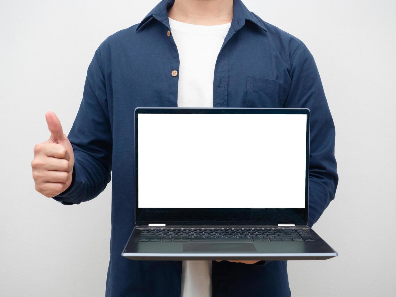 Man holding laptop white screen thumb up crop shot photo