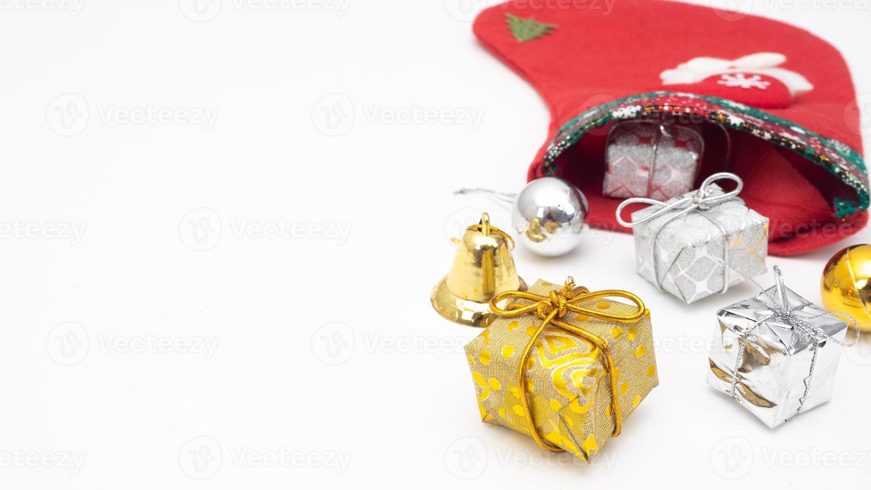 Close up Christmas ornaments gold and silver color on white isolated copy space photo