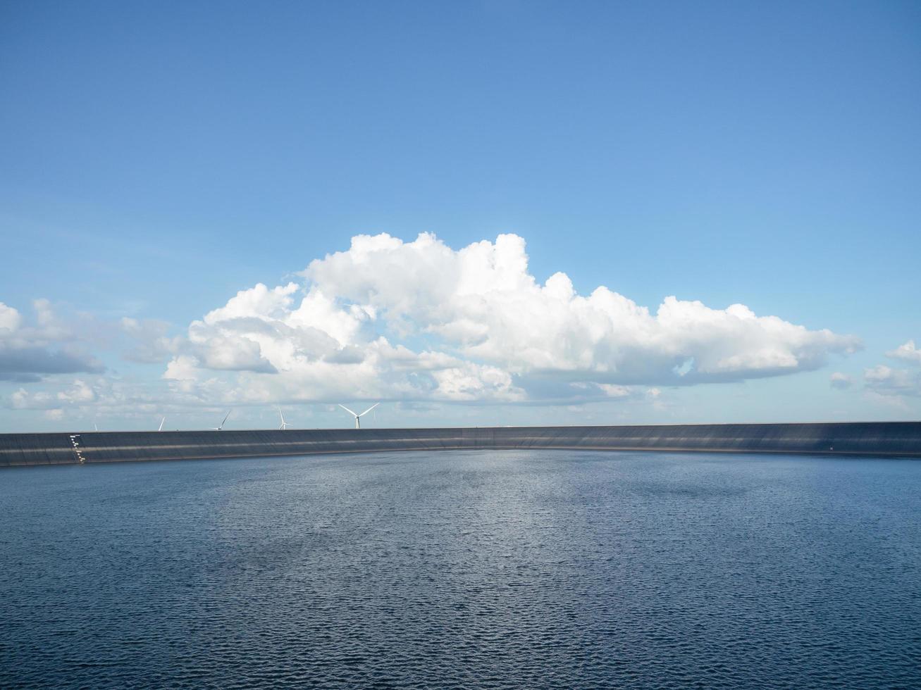 Reservoir at dam with blue sky and wind turbine.reservoir on the mountain,Water in reservoir landscape photo