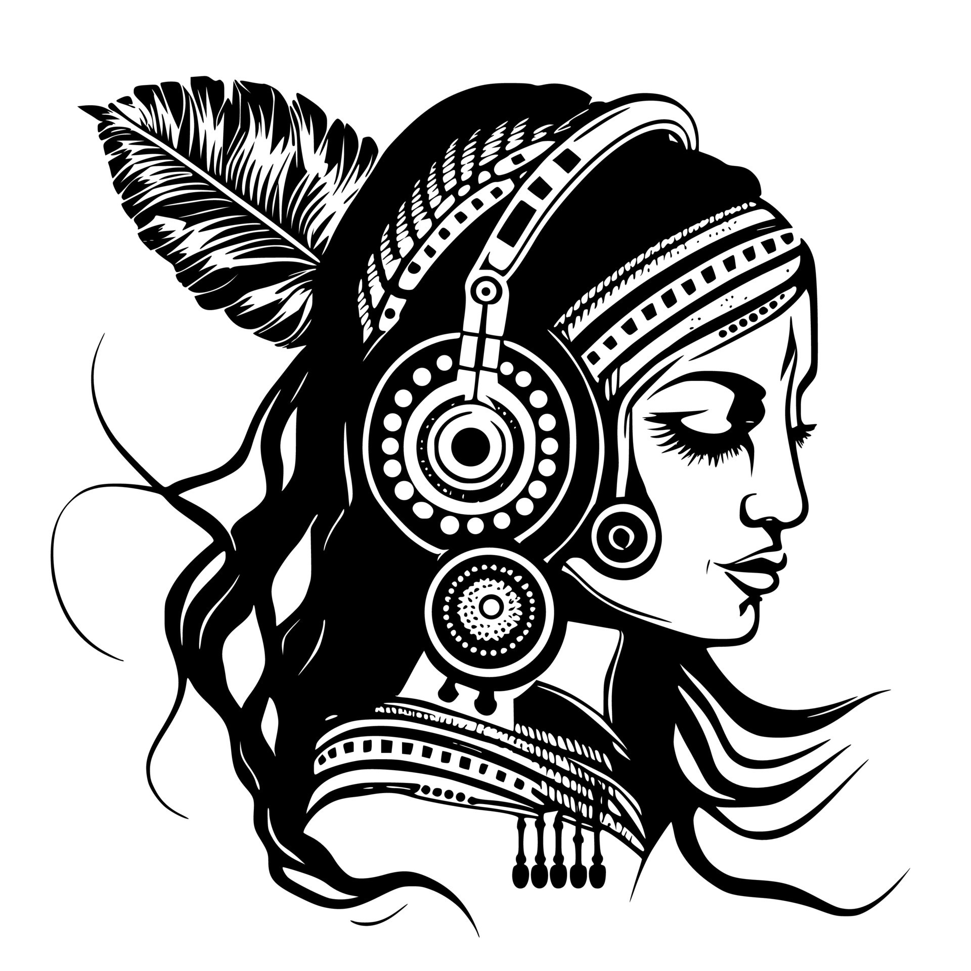 Beautiful Indian girl with headphones. Design for embroidery, tattoo,  t-shirt, wood carving, cutting. 16665376 Vector Art at Vecteezy