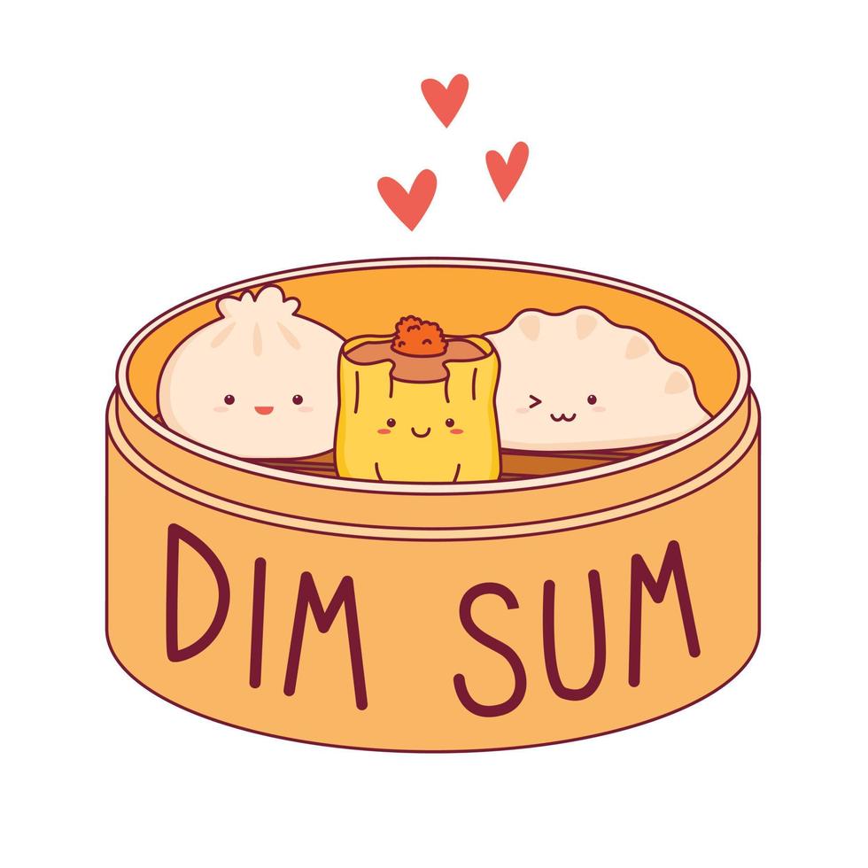 lindo feliz sonriente dim sum. ilustración de personaje de dibujos animados plano vectorial. menú de comida asiática y china. concepto de logotipo de dim sum vector