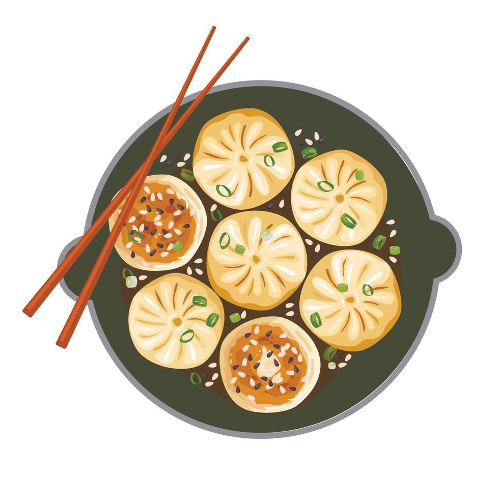 Pan Fried Buns or dumplings. View from above. Asian food vector illustration.