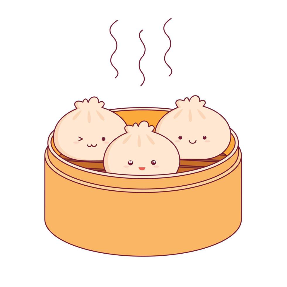 lindo feliz sonriente dim sum. ilustración de personaje de dibujos animados plano vectorial. menú de comida asiática y china. concepto de logotipo de dim sum vector