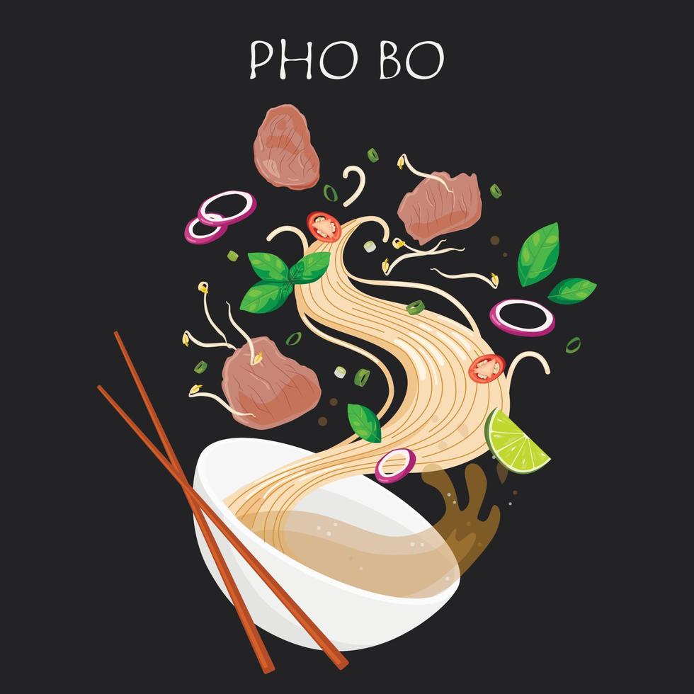 pho bo. pho vietnamita, sopa de fideos de arroz con carne de res en rodajas. ilustración vectorial vector