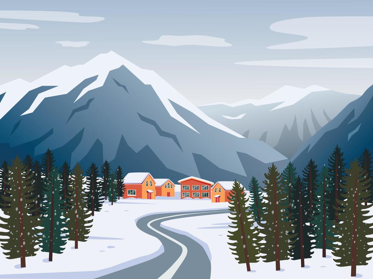 Winter mountain landscape with houses similar to the hotels of the ski resort. Vector illustration