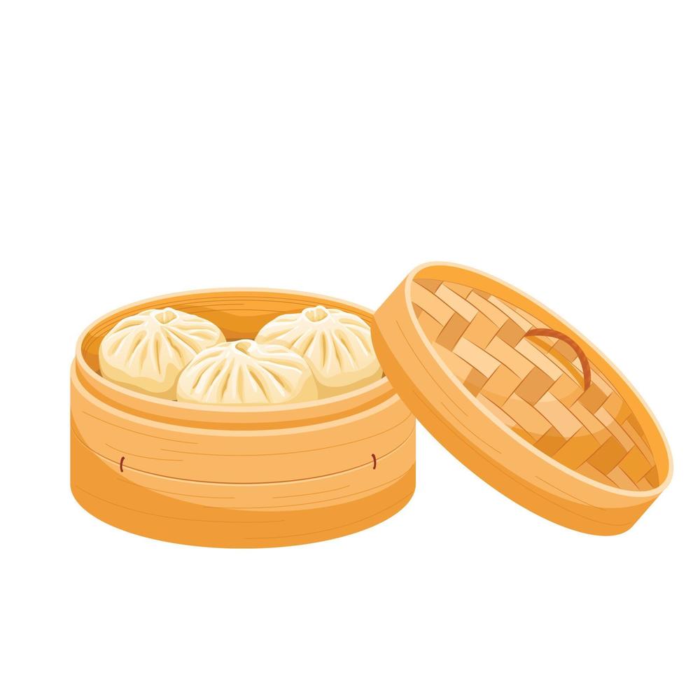 Chinese steamed pork bun dim sum on a bamboo tray, vector illustration