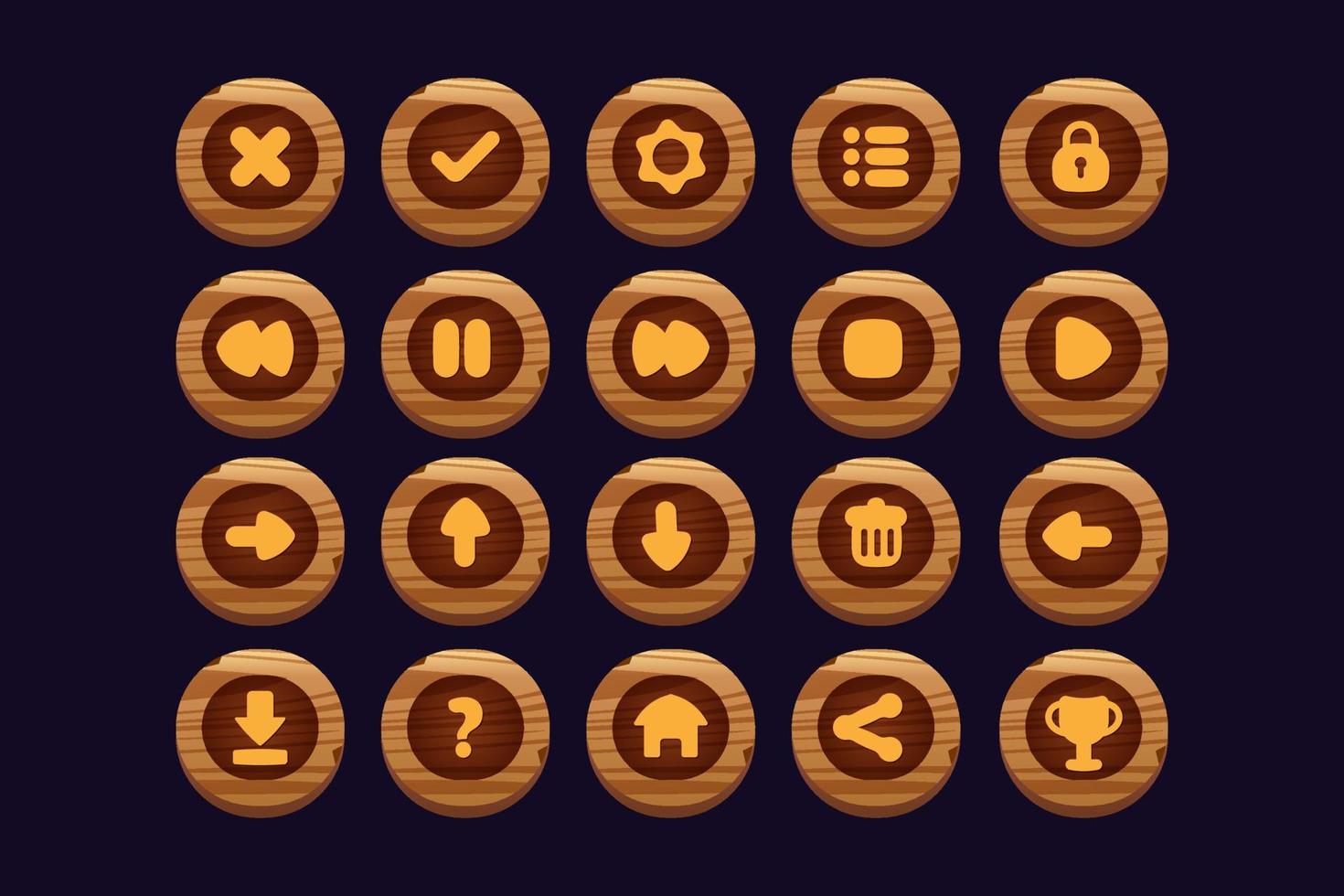 Game buttons of wooden and gold texture cartoon menu interface elements vector