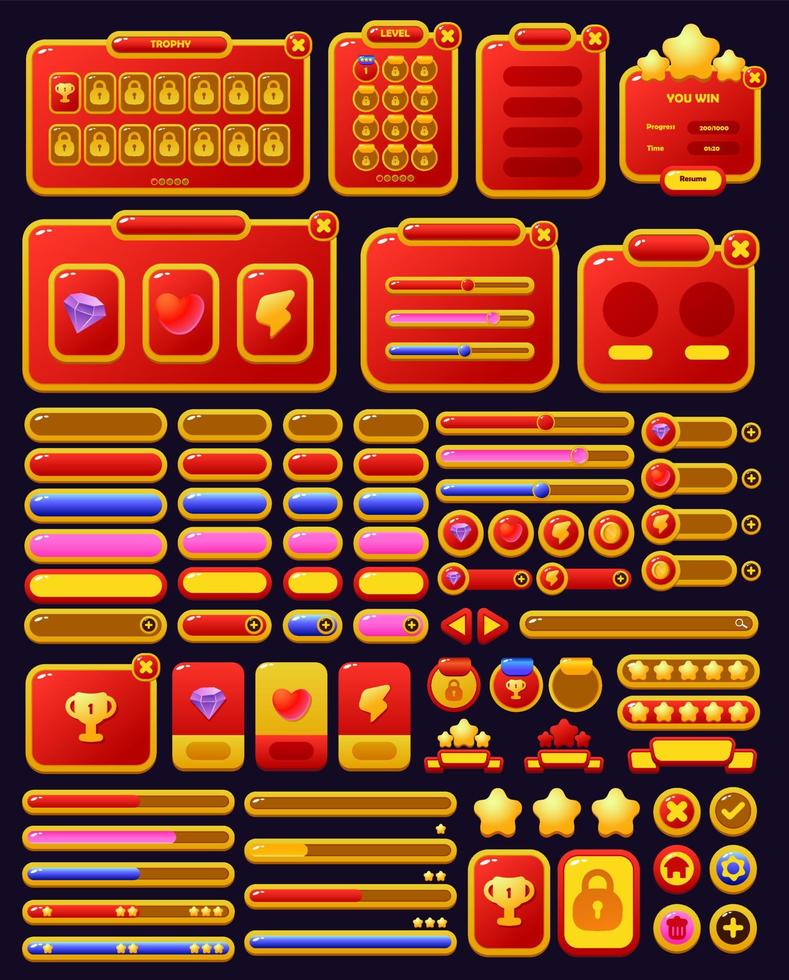 conjunto de botones de menú de activos del juego, pantallas emergentes y botones de configuración rojos y amarillos vector