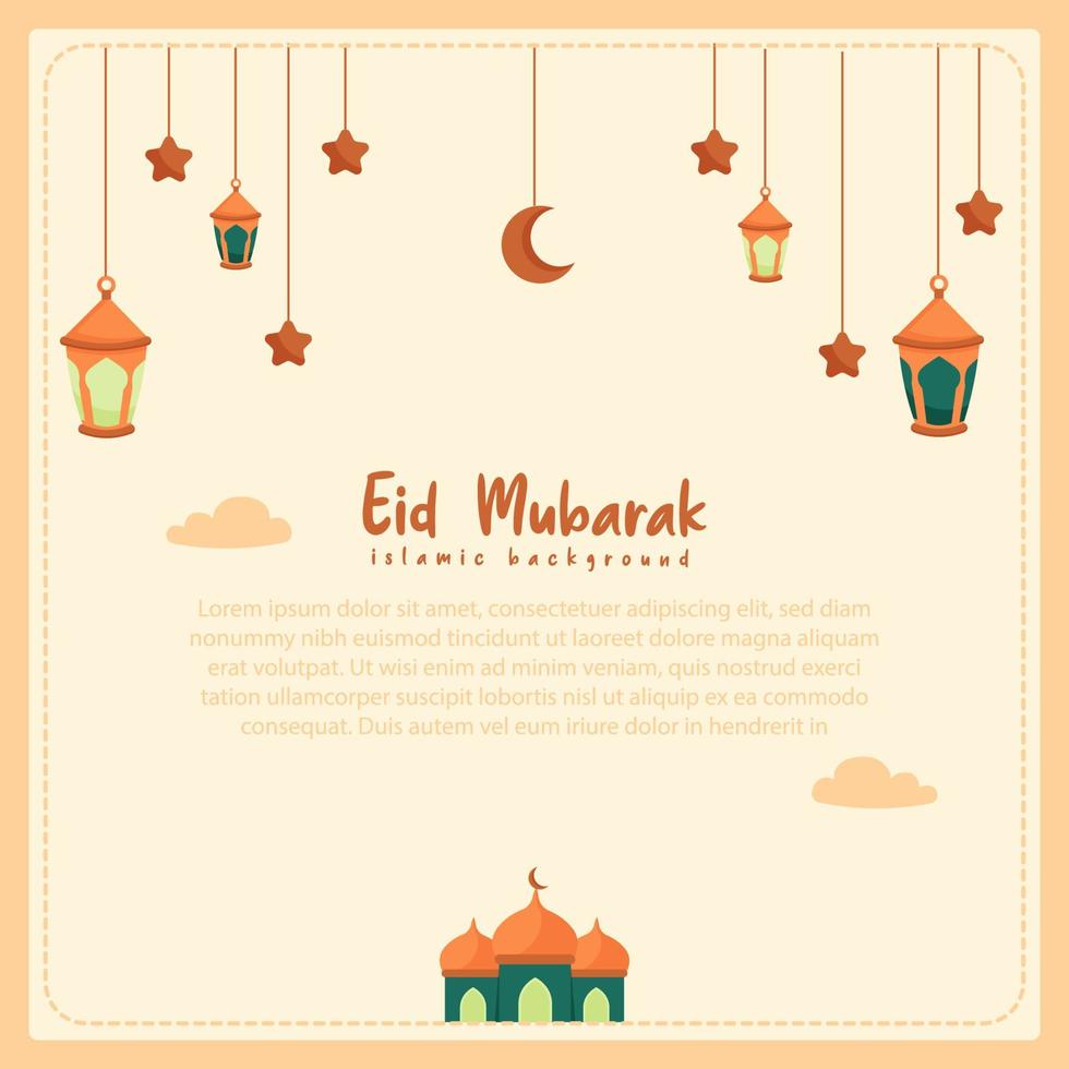 happy eid al fitr cartoon banner with cute lantern crescent moon background illustration vector