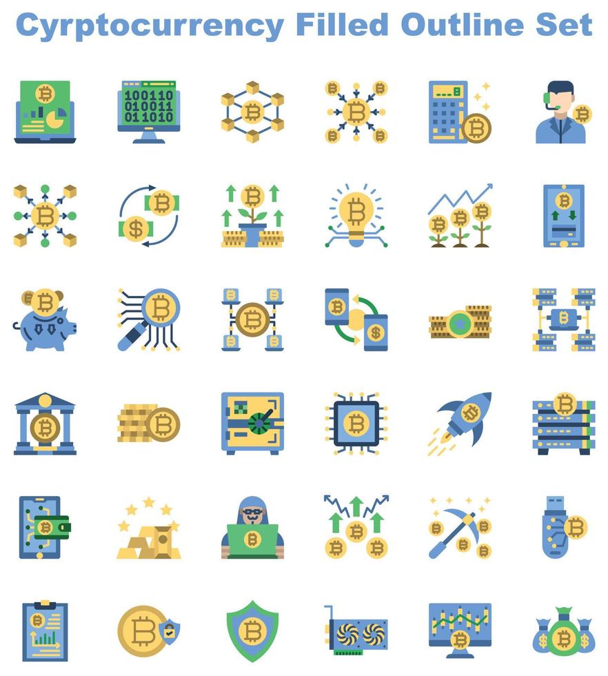 cryptocurrency filled outline icon set vector