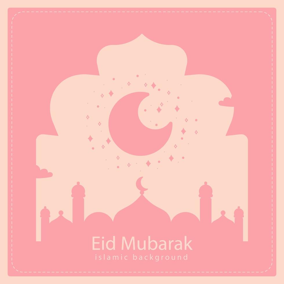 happy eid al fitr cartoon banner with cute lantern crescent moon background illustration vector