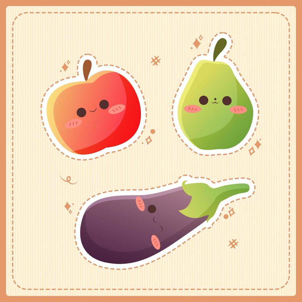cute fruit and vegetable aesthetic cartoon illustration set vector