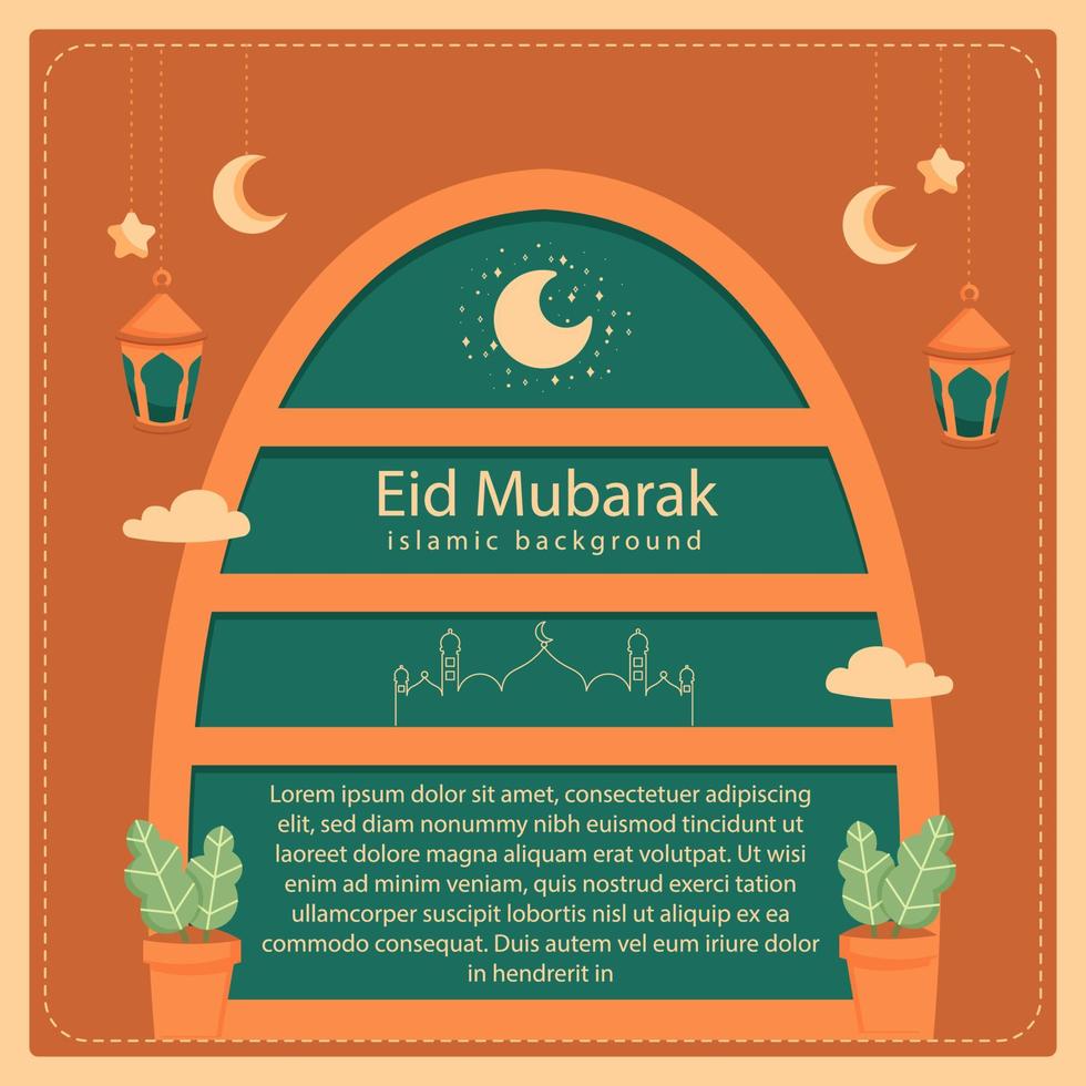happy eid al fitr cartoon banner with cute lantern crescent moon background illustration vector