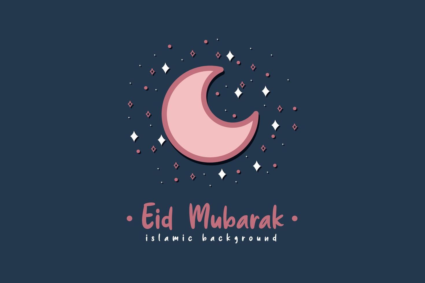 happy eid al fitr cartoon banner with cute lantern crescent moon background illustration vector