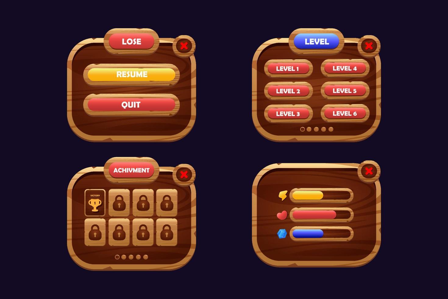 Game buttons of wooden and gold texture cartoon menu interface elements vector