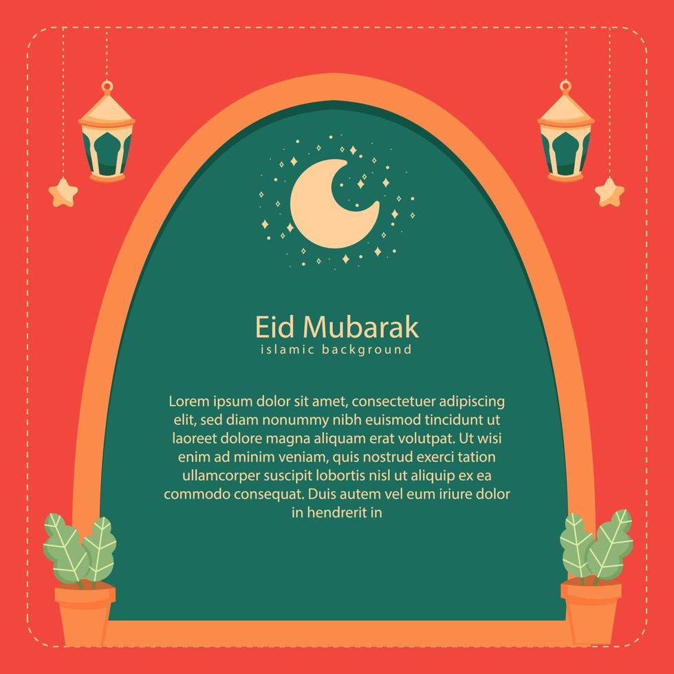 happy eid al fitr cartoon banner with cute lantern crescent moon background illustration vector