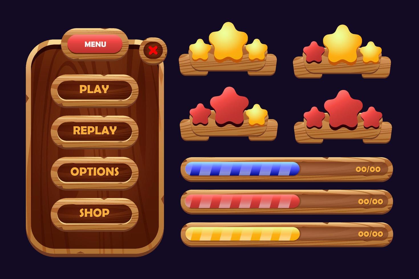 Game buttons of wooden and gold texture cartoon menu interface elements vector