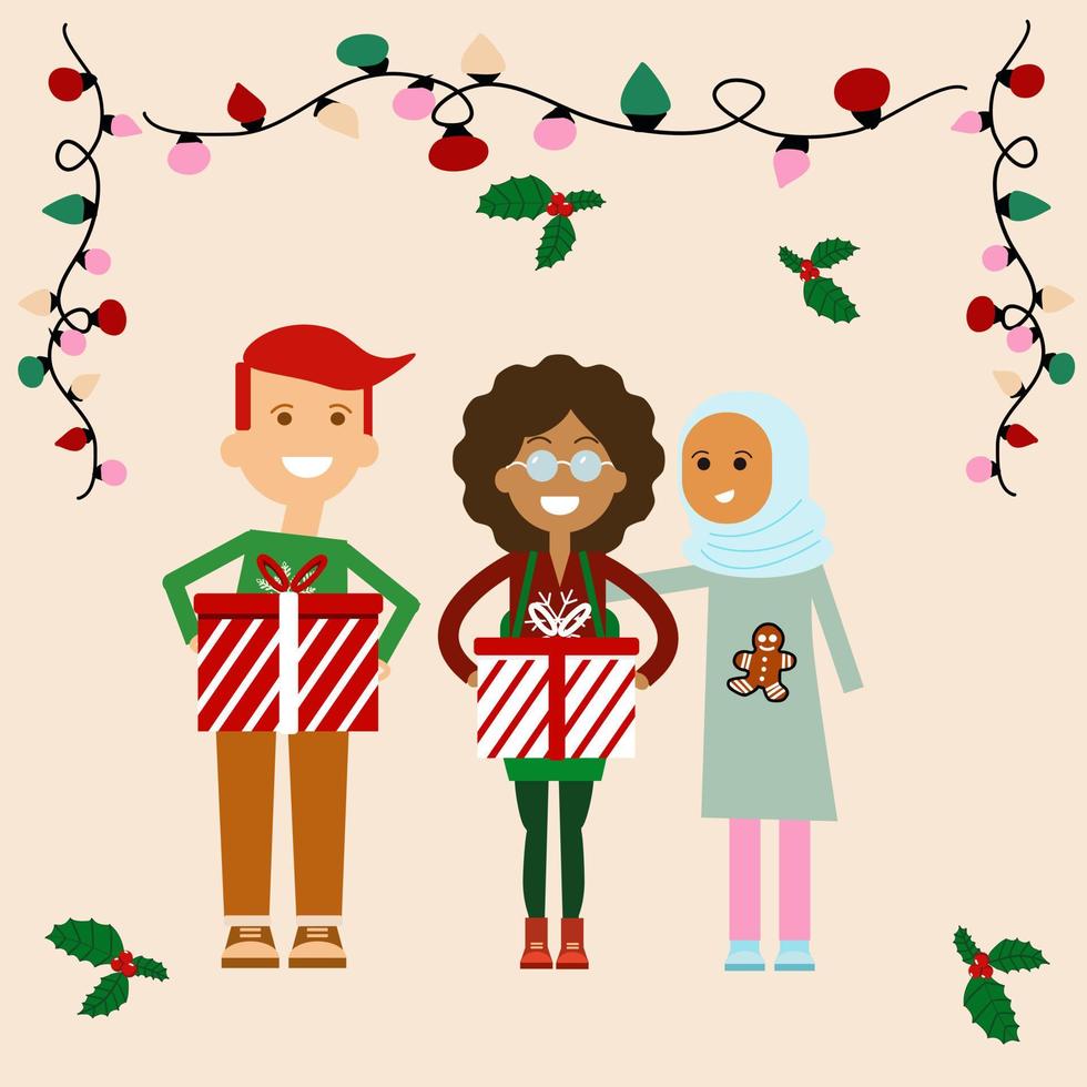 3 multi ethnic people holding gift box with garland background, Holidays or Christmas concept. vector