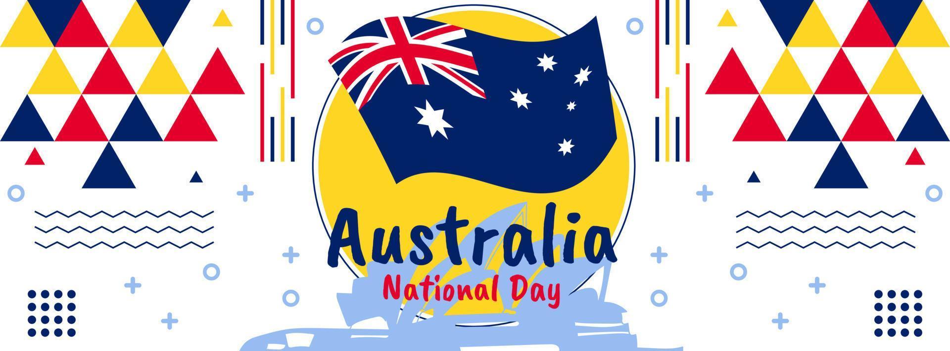 Australia day banner design for 26th of January. Abstract geometric banner for the national day of Australia. Australian flag theme with Sydney landmarks background. vector