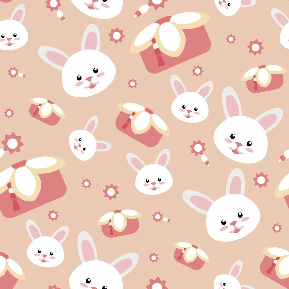 A pattern of cute hares on a pink background with traditional Korean gifts and decor in the form of flowers and beads. The year of the rabbit is 2023. A repeating pattern for a girl vector