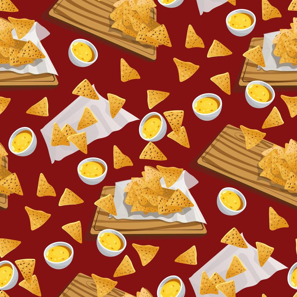 un patrón de caída de nachos de comida mexicana con salsas en una bandeja con una servilleta. todo sobre un fondo rojo. ilustración de cocina brillante. adecuado para imprimir en pancartas y volantes, menús de restaurantes vector