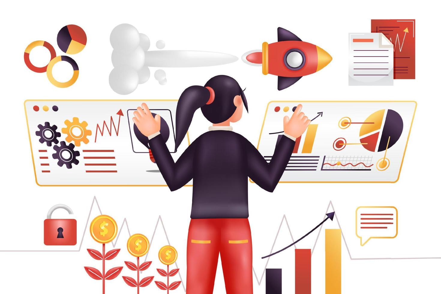 Business strategy. 3d illustration of woman making strategy for company progress, with rocket ornament vector