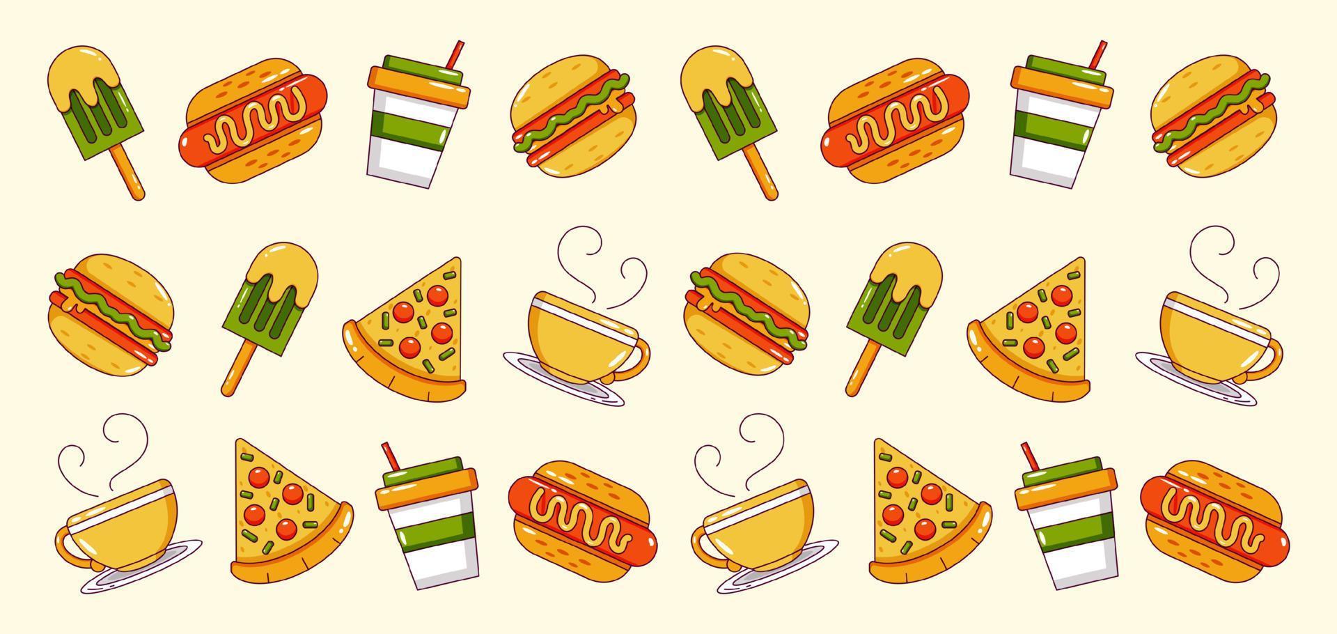 Food and Drink. Hotdog, burger, pizza, coffee and ice cream icon pattern vector