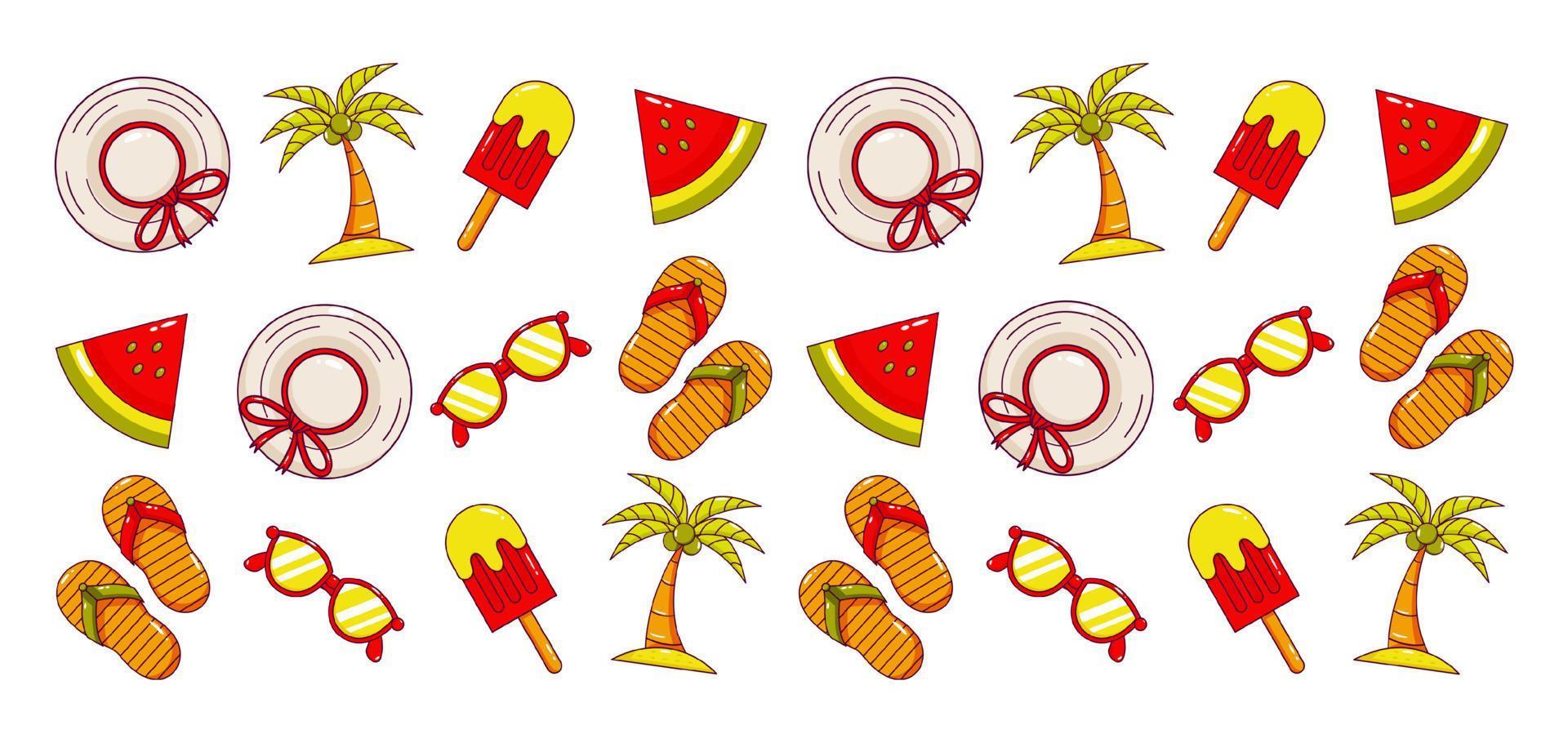 vacaciones de verano. patrón de icono de sombrero, gafas, helado, sandalias, árbol de coco y sandía vector