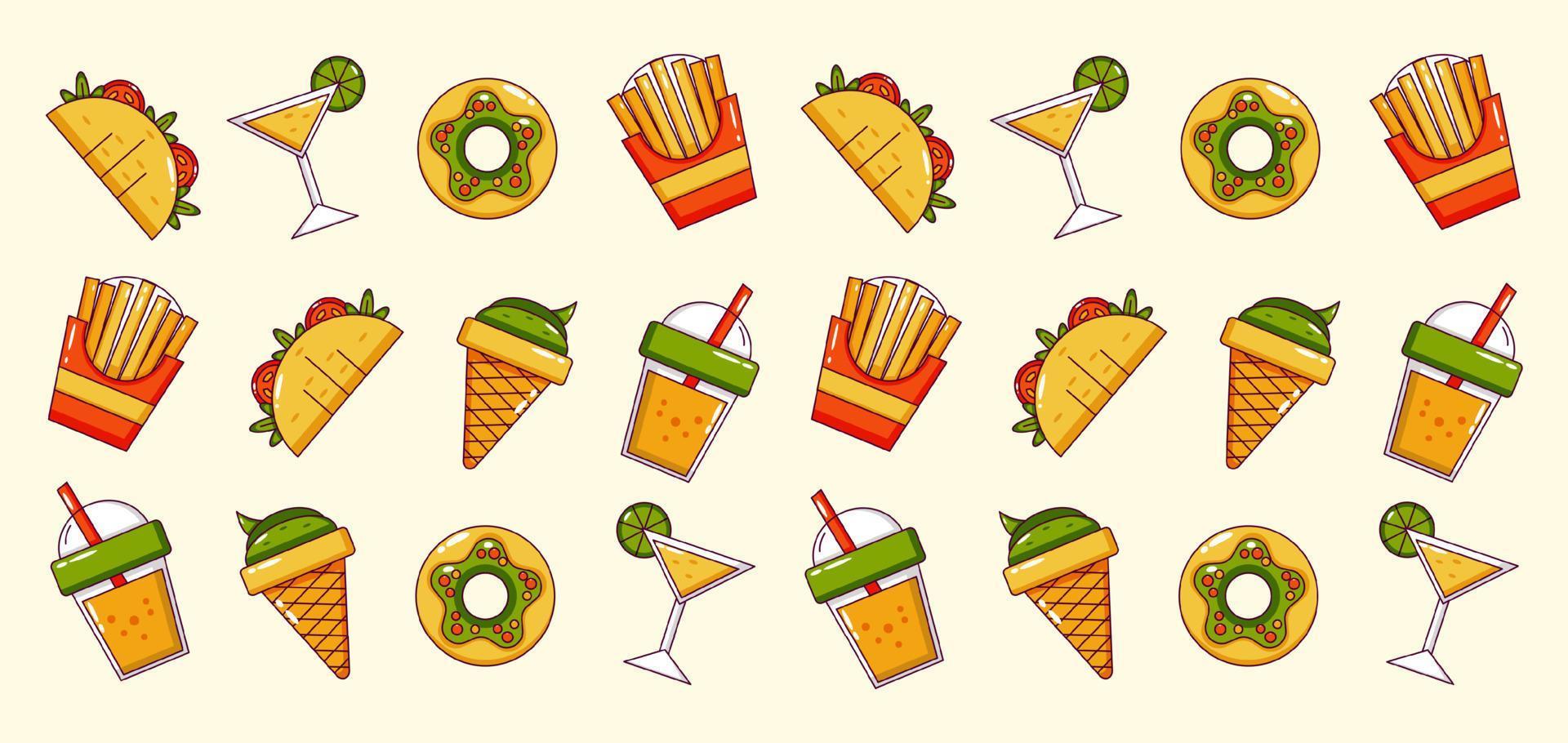 Food and Drink. Donut, tequila, taco, potato stick and ice cream icon pattern vector