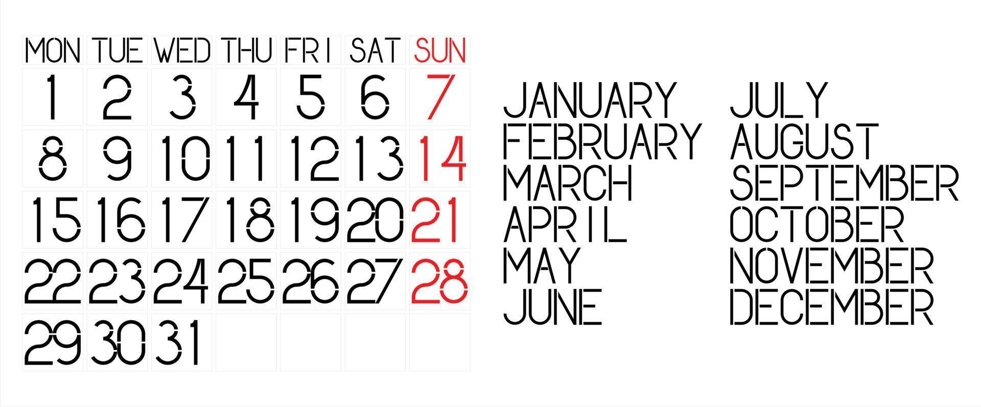 Monthly calendar with month names. Original font vector