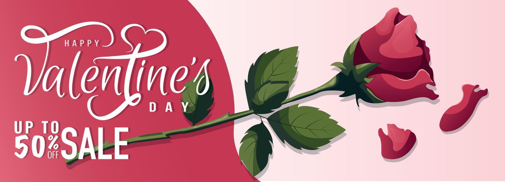 Banner design for Happy Valentine's Day with red rose. Romance, Love concept. Vector illustration for poster, banner, advertising, invitation, flyer, cover