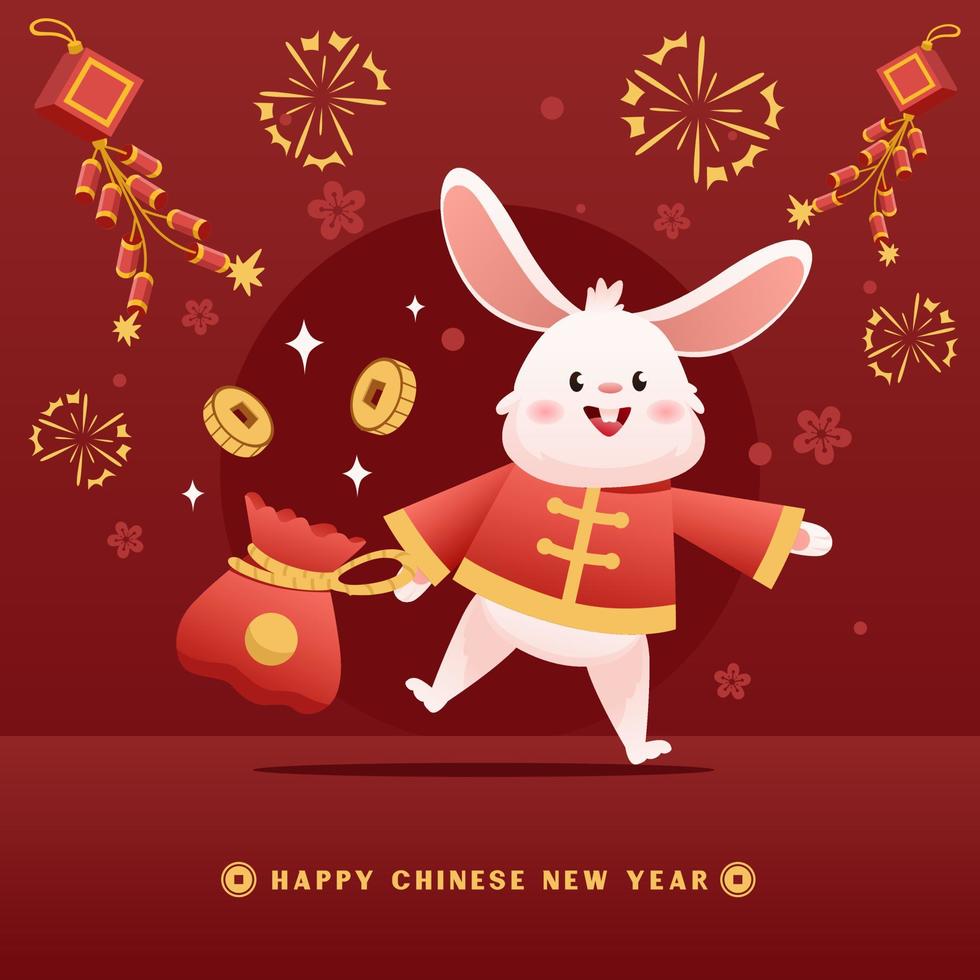 Chinese Year of Rabbit Cartoon Character Holding Money with Fireworks Bag Asian Style Decoration for Banner Background vector