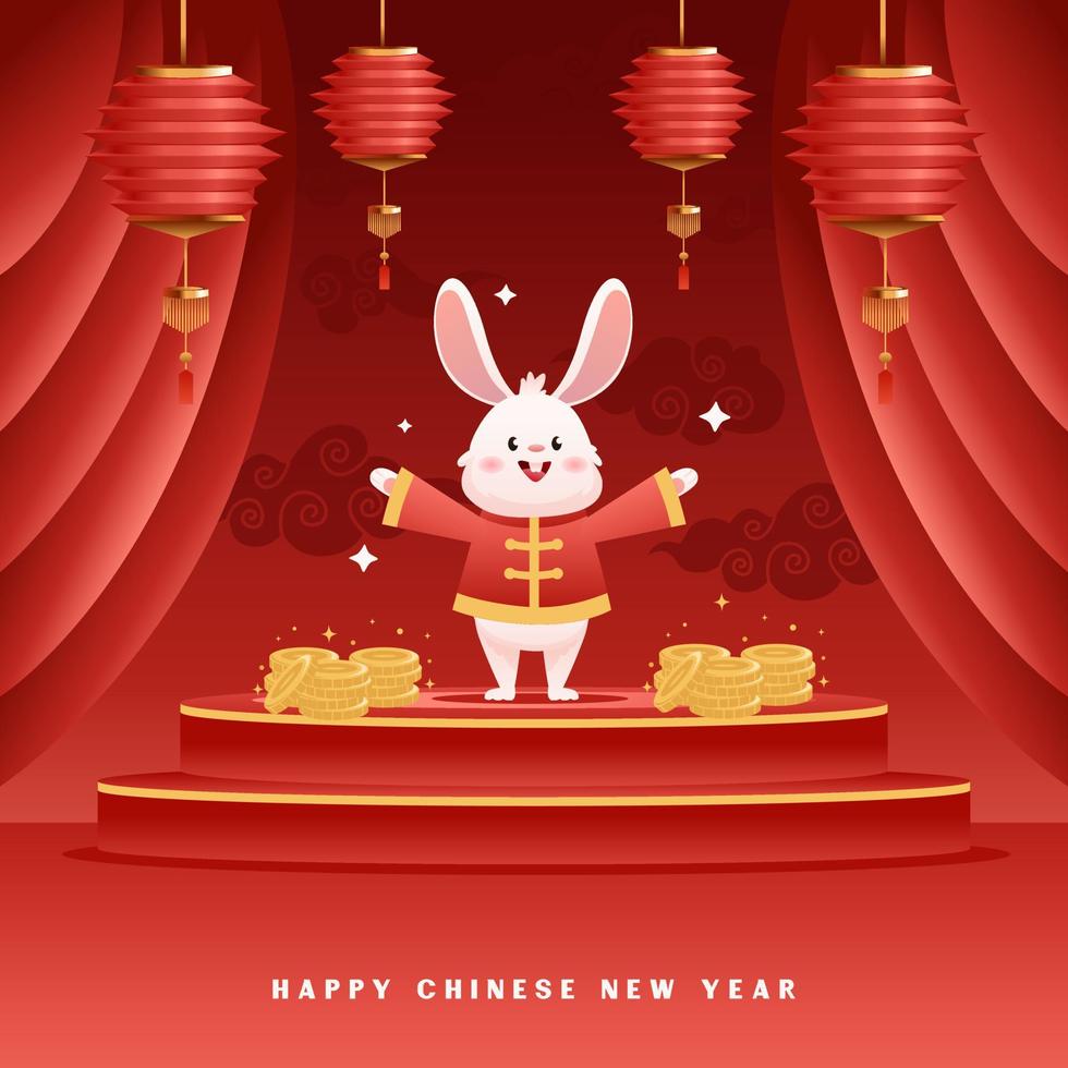 Chinese Year of Rabbit Cartoon Character Happy with a lot of Money on Stage vector