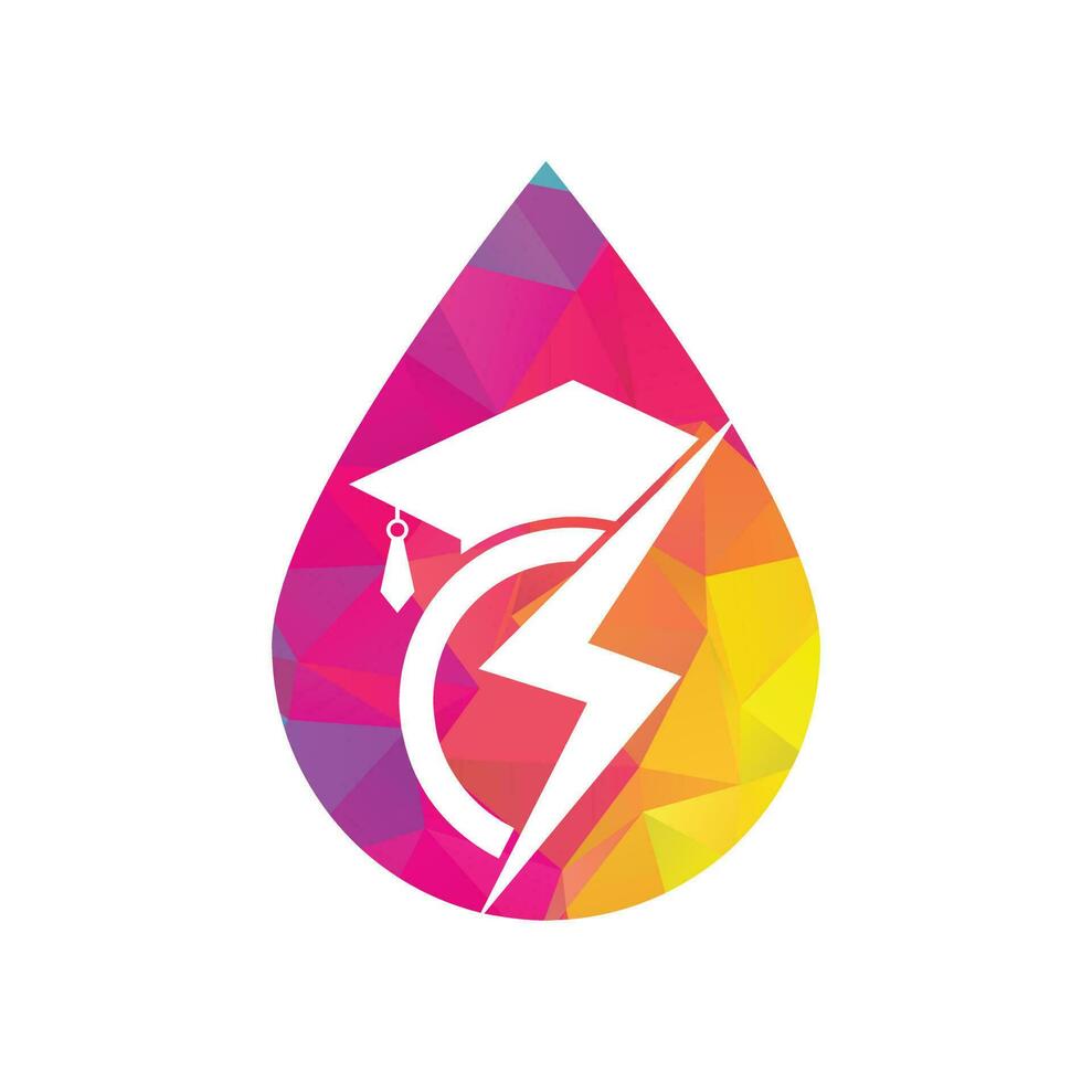 Thunder education drop shape concept vector logo template. Education logo with graduation cap and thunder icon.