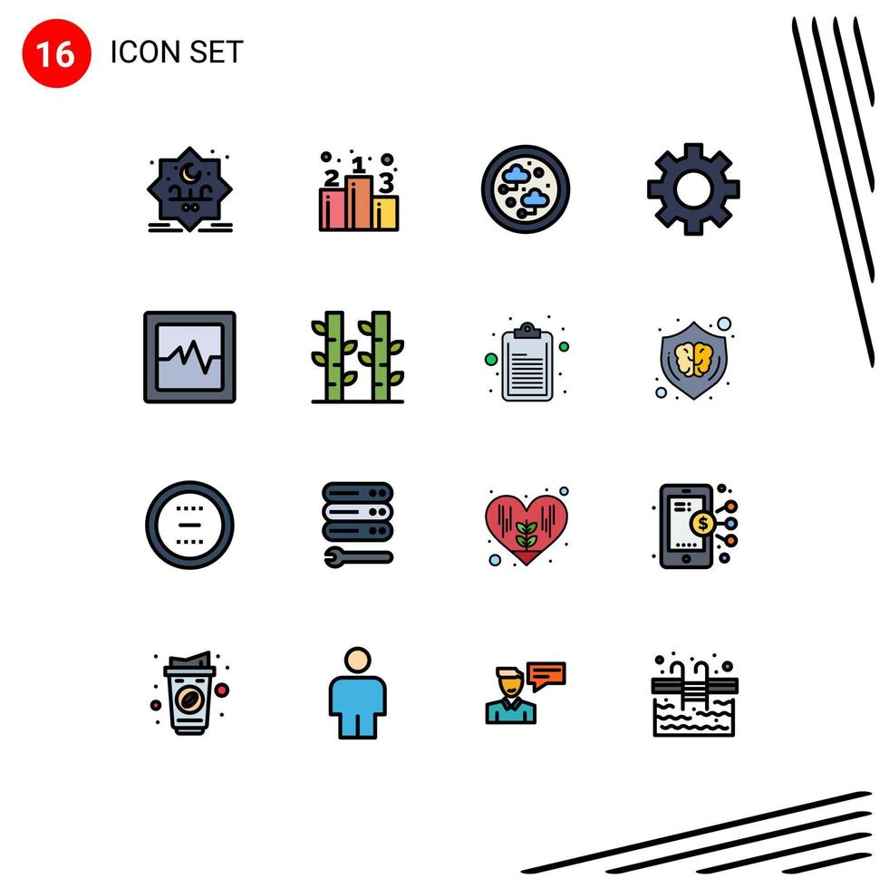 Editable Vector Line Pack of 16 Simple Flat Color Filled Lines of bamboo analytics connected tools gear Editable Creative Vector Design Elements