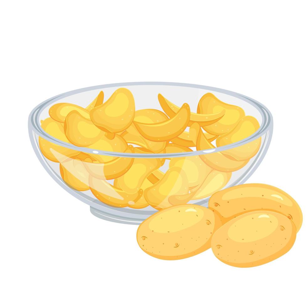 Potato chips in bowl with raw root vegetables. Cooked potatoes. vector